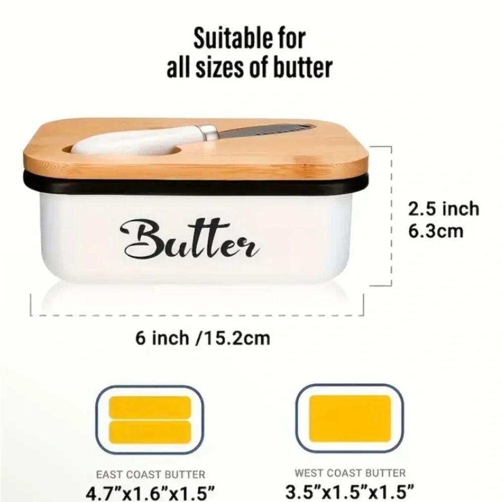 NWT BUTTER KEEPER WITH BUTTER KNIFE BLACK METAL WITH WHITE LETTERING WOODEN LID
